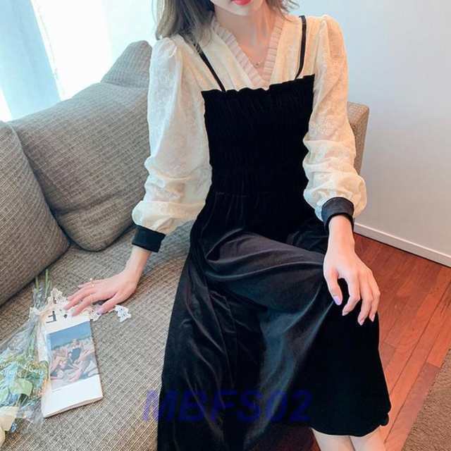春新作 ドレス ワンピース フレンチ フラワー パフスリーブ レース ブラック