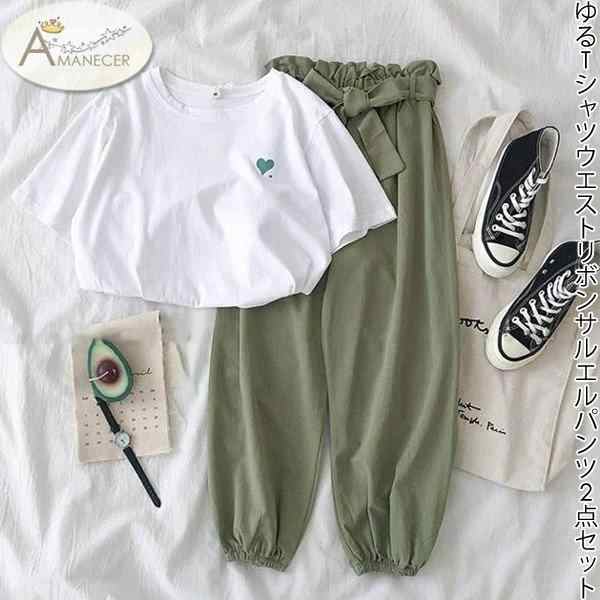 2点セット ゆるTシャツ ゆるT ホワイト 白 ズボン ウエストゴム リボン お散歩服 部屋着 リラックスタイム サルエルパンツ ドロップショルダー カジュアル レディス レディース 春夏 新作 20