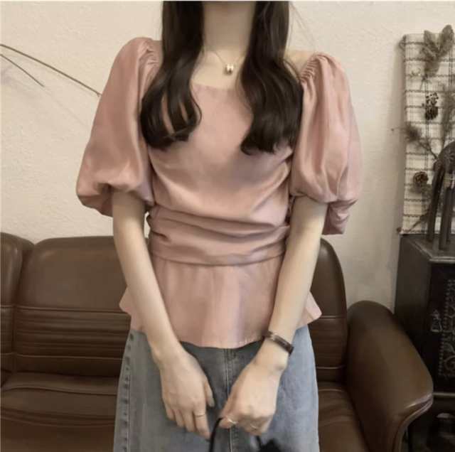 トップス レディース ブラウス カットソー プルオーバー チュニック 送 個性的 夏服 五分袖 二の腕カバー バルーン袖 ぽわん袖 袖あり パフスリーブ スクエアネック フレア セミフレア ペプラム 